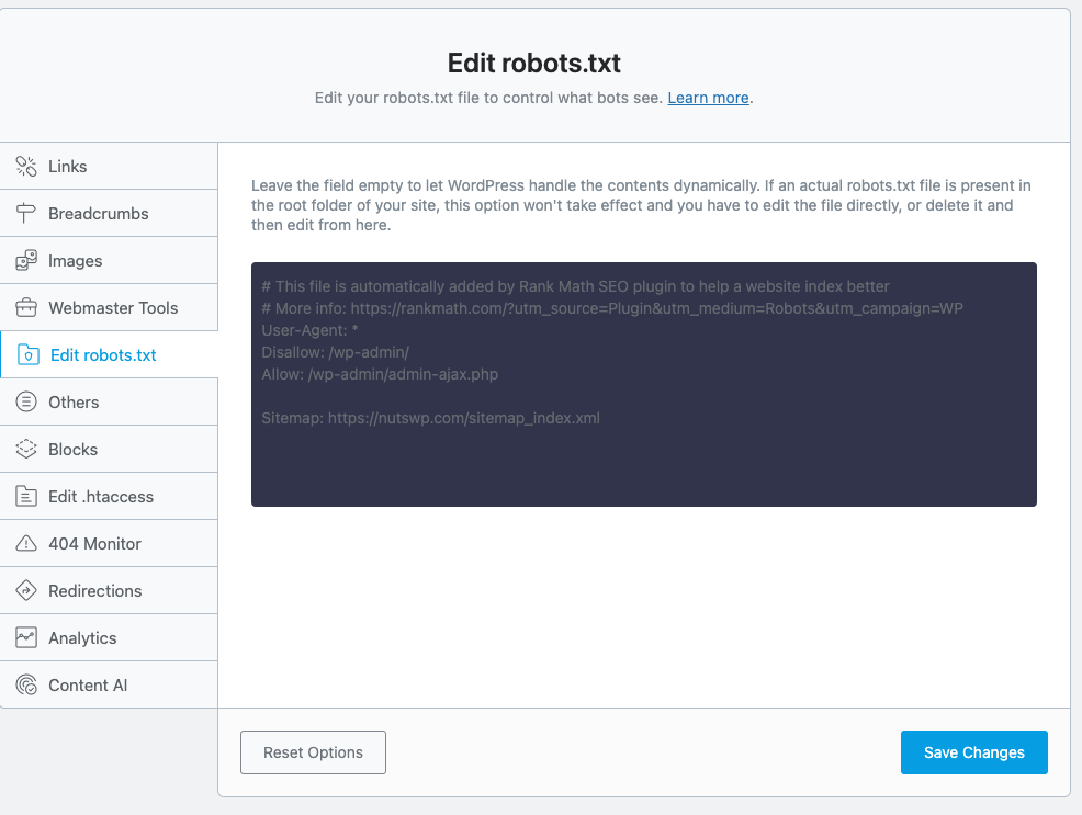 RanKMath SEO插件自动生成的Robots.txt文件内容。